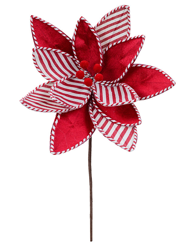 Red Candy Stripe Velour & Jute Poinsettia Christmas Stem | 30cm — image 3