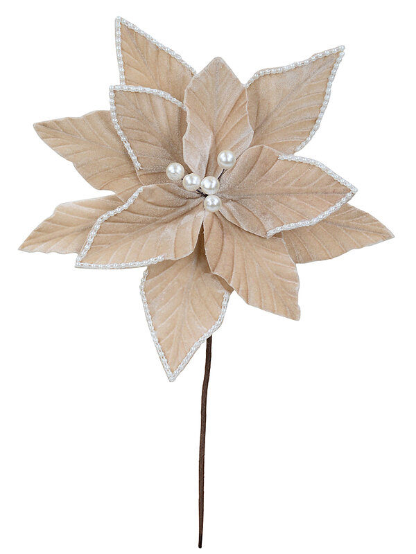 Champagne Khaki Velvet Christmas Poinsettia Stem With Faux Pearl Trim | 28cm — image 3
