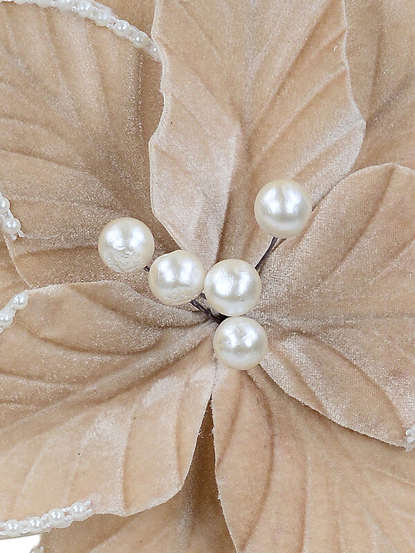 Champagne Khaki Velvet Christmas Poinsettia Stem With Faux Pearl Trim | 28cm — image 2