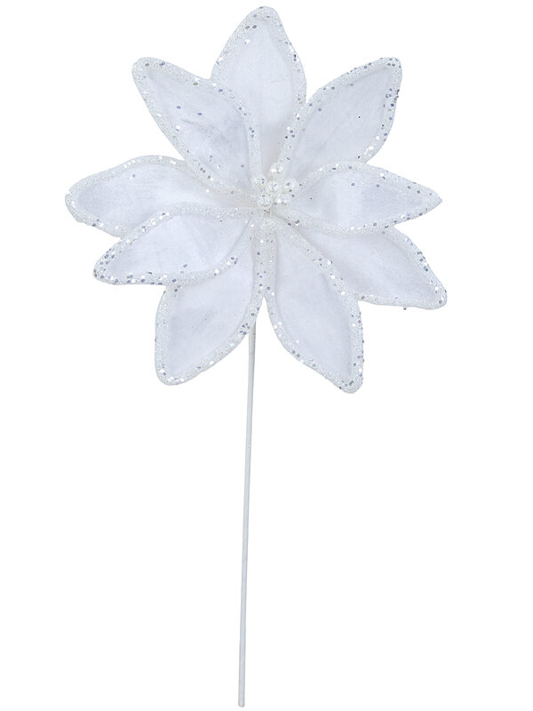 Winter White Velvet Poinsettia Long Stem With Silver Sequin Trim | 32cm — image 4