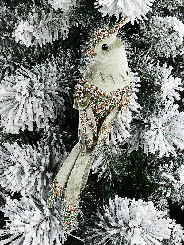 Sage Green Velvet Cockatoo Pick With Rose Gold & Emerald Jewels | 30cm