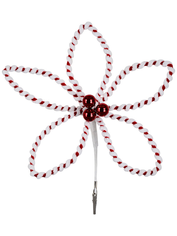 Red & White Chenille Twine Loop Poinsettia Christmas Clip Stem | 26cm