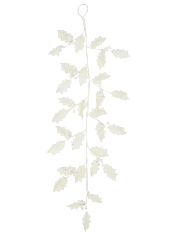 1.2m Pearl White Felt Holly Christmas Vine Garland Silver Glitter & Icicle Details