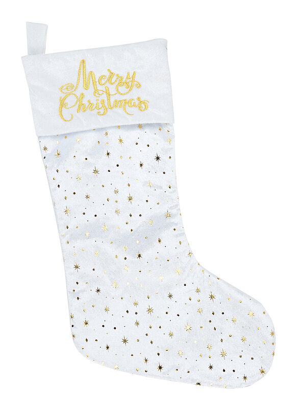 Merry Christmas White Velvet Gold Foil Star Stocking | 51cm
