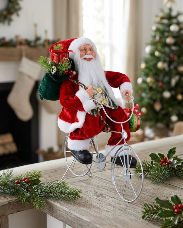 Traditional Riding Santa On Matte Silver Bicycle Figurine | 42cm — image 4