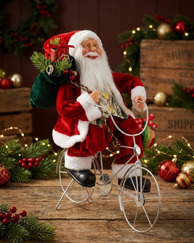 Traditional Riding Santa On Matte Silver Bicycle Figurine | 42cm — image 2