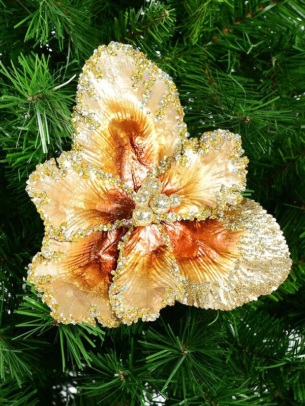 20cm Platinum & Brown With Sequins Tulip Flower Christmas Tree Clip Pick — image 2