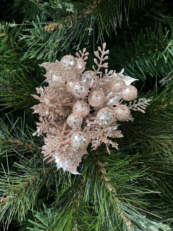 20cm Rose Gold Berries With Twigs & Leaves Foliage Christmas Tree Stem Pick — image 2