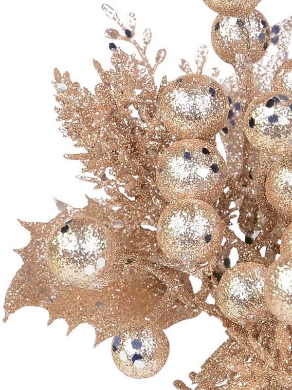 20cm Rose Gold Berries With Twigs & Leaves Foliage Christmas Tree Stem Pick — image 3