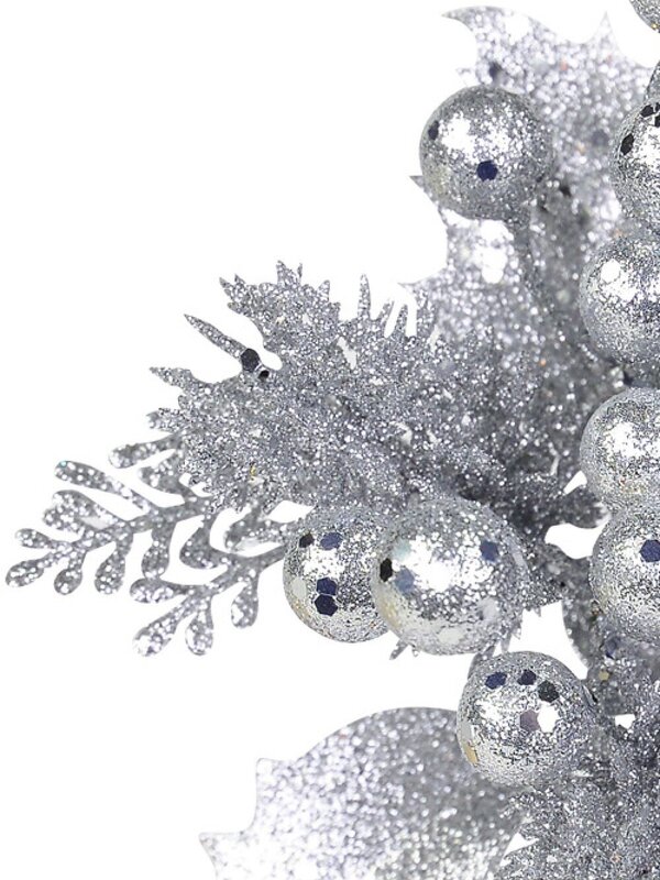 20cm Silver Berries With Twigs & Leaves Foliage Christmas Tree Stem Pick