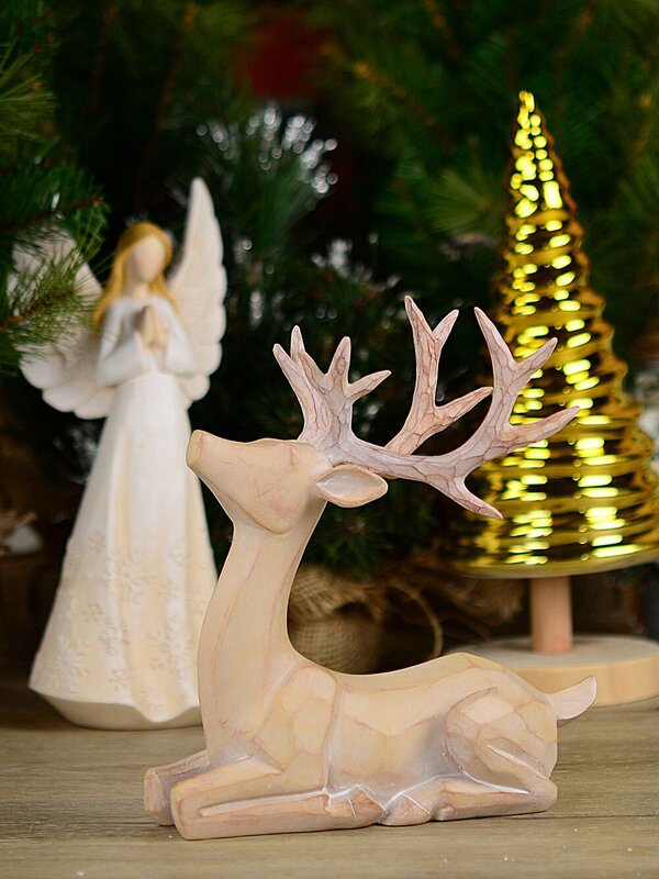 21cm Carved Wood Style Sitting Reindeer Resin Figurine — image 2