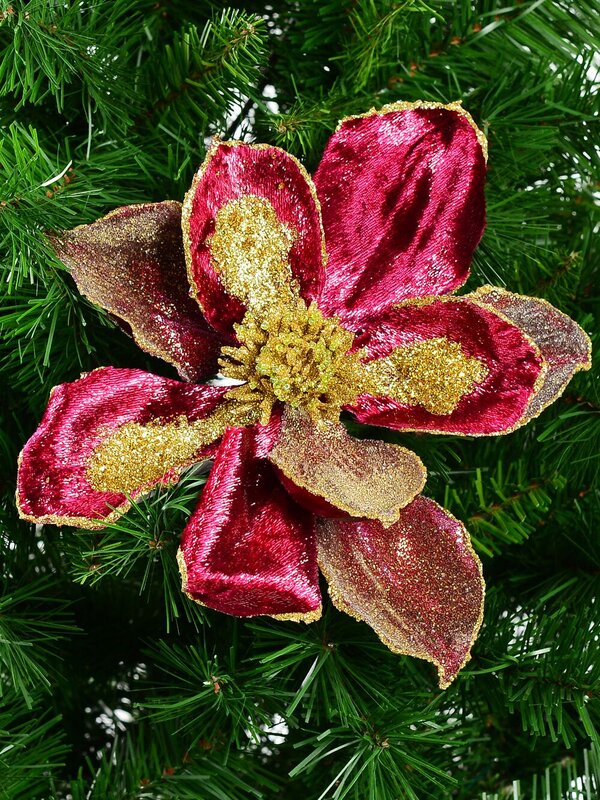 22cm Burgundy With Gold Glitter Magnolia Flower Christmas Tree Clip Pick — image 2