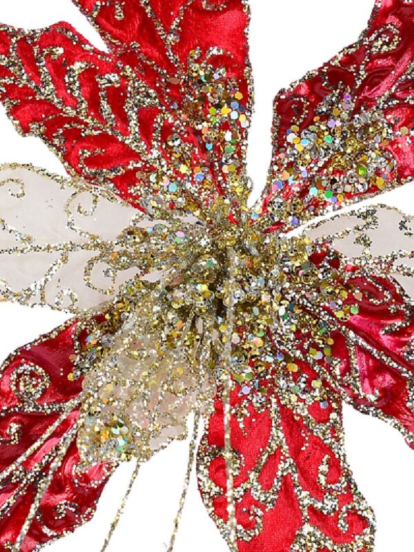 22cm Red Velvet & Metallic Sheer Cactus Flower Christmas Tree Clip Pick