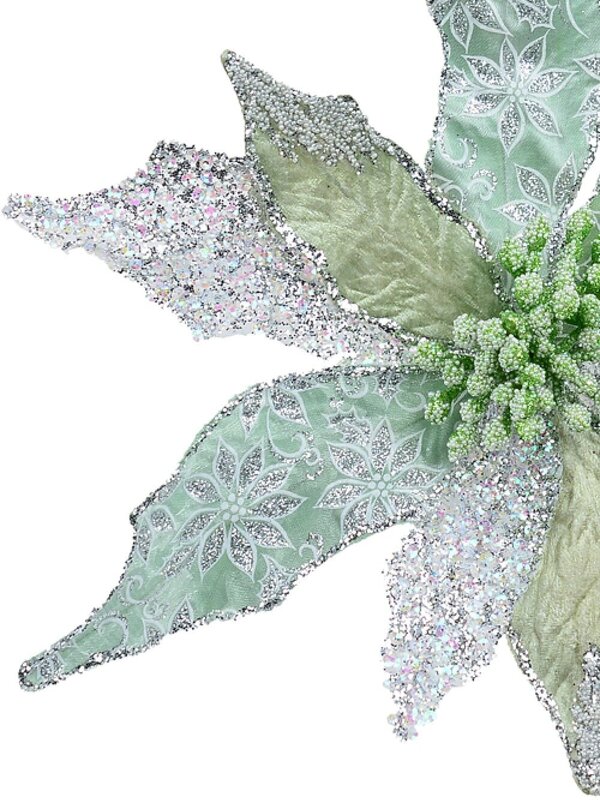 22cm Three Petal Style Mint & Silver Cactus Flower Christmas Tree Clip Pick
