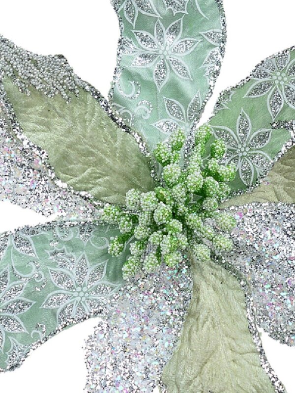 22cm Three Petal Style Mint & Silver Cactus Flower Christmas Tree Clip Pick