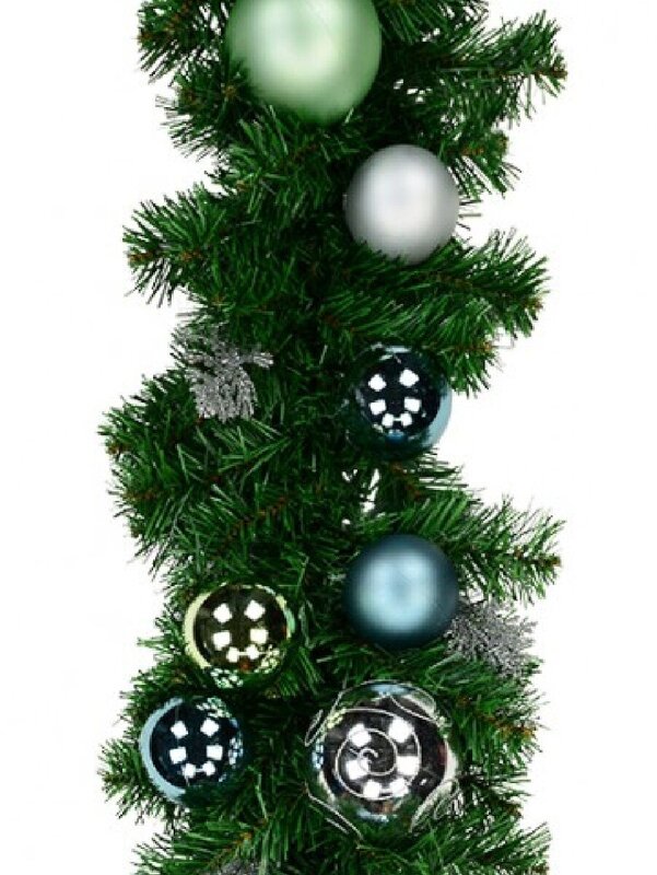 2.3m Decorated Blue, Silver & Mint Baubles & Silver Ferns Fir Garland