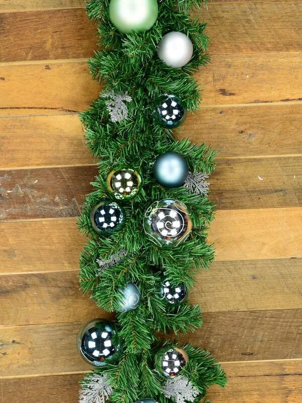 2.3m Decorated Blue, Silver & Mint Baubles & Silver Ferns Fir Garland