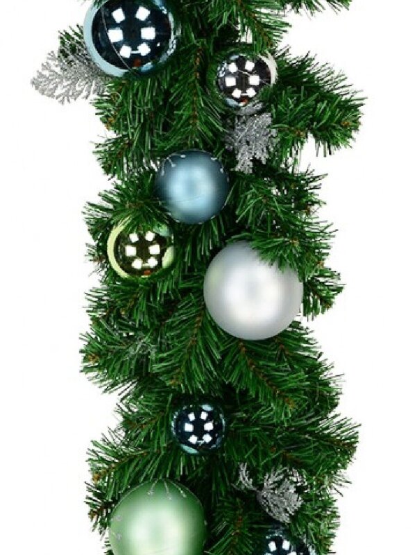 2.3m Decorated Blue, Silver & Mint Baubles & Silver Ferns Fir Garland