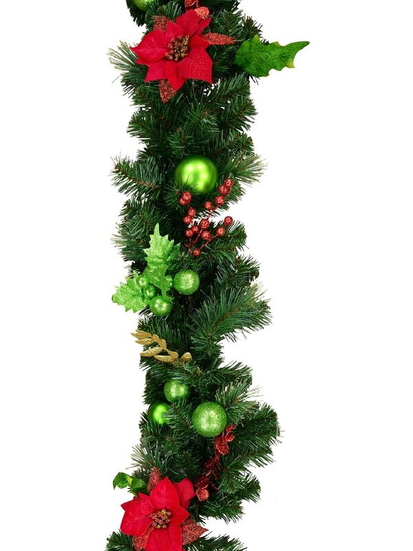 2.3m Decorated Red Poinsettia, Mistletoe, Foliage & Baubles Pine Garland — image 3