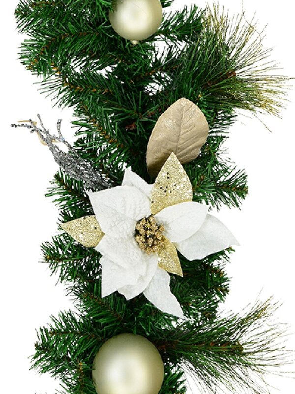 2.3m White Poinsettia and Mistletoe Christmas Garland | Gold & Silver Baubles — image 4