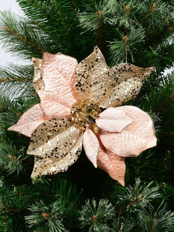 Pink & Gold Two Style Bract Poinsettia Christmas Tree Clip Pick | 24cm — image 2
