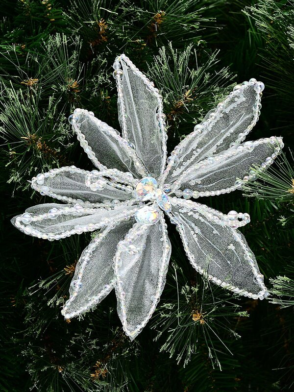 White Organza Decorated Poinsettia Christmas Tree Clip Pick | 24cm — image 2