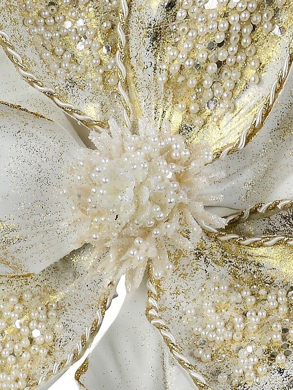 White With Gold & Faux Pearls Magnolia Christmas Tree Clip Pick | 24cm — image 3