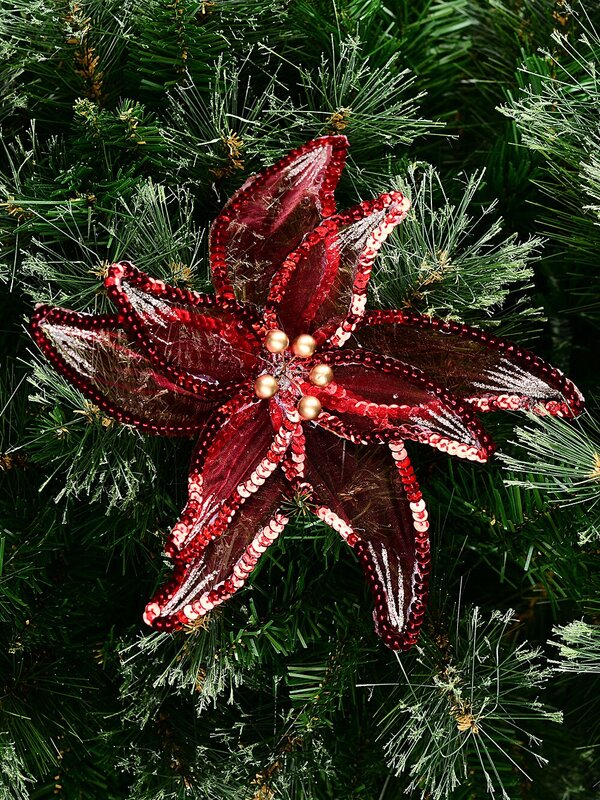 Red Organza Poinsettia With Sequins Christmas Tree Clip Pick | 25cm — image 2