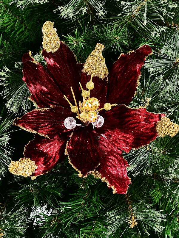 Burgundy & Gold Poinsettia Christmas Tree Clip Pick | 26cm — image 2