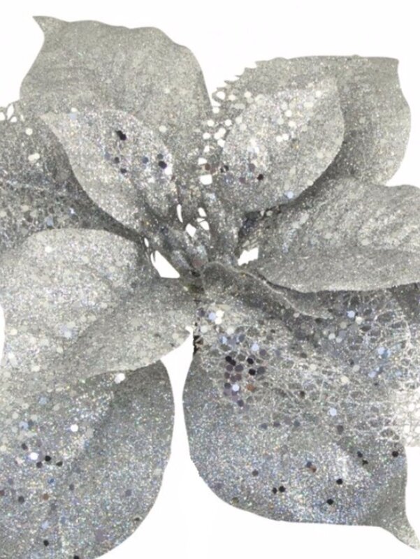 Silver Poinsettia Christmas Tree Clip Pick With Sequins & Glitter | 26cm — image 3