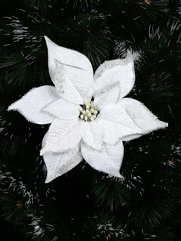 White With Silver Edge Poinsettia Christmas Tree Stem Pick | 27cm — image 2