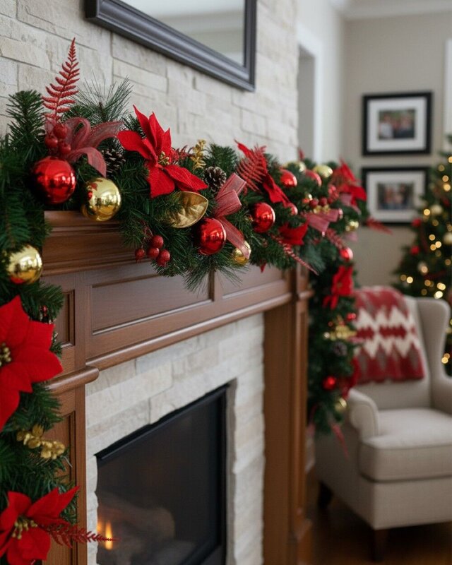 2.7m Decorated Red & Gold Poinsettia Christmas Garland | Baubles & Mesh Bows — image 2