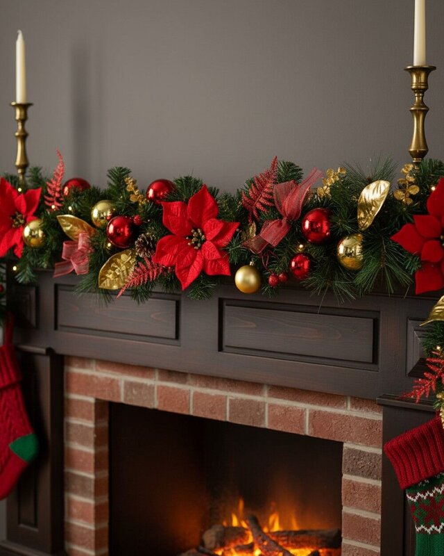 2.7m Decorated Red & Gold Poinsettia Christmas Garland | Baubles & Mesh Bows — image 4