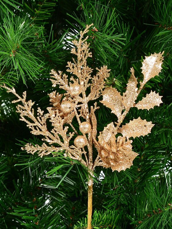Gold Glitter Mixed Foliage With Pinecone & Berries Christmas Stem Pick | 28cm — image 2