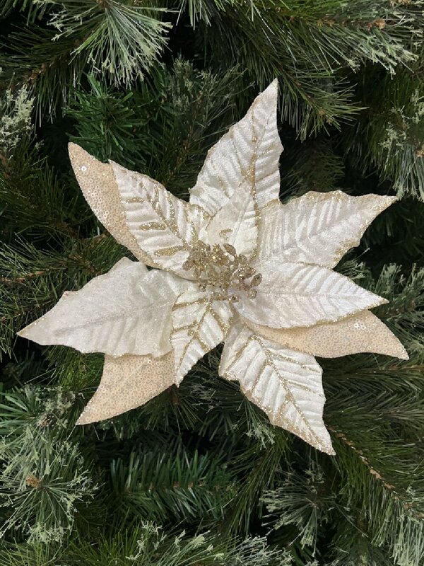 Gold White & Cream Poinsettia Christmas Tree Clip Pick | 28cm — image 2