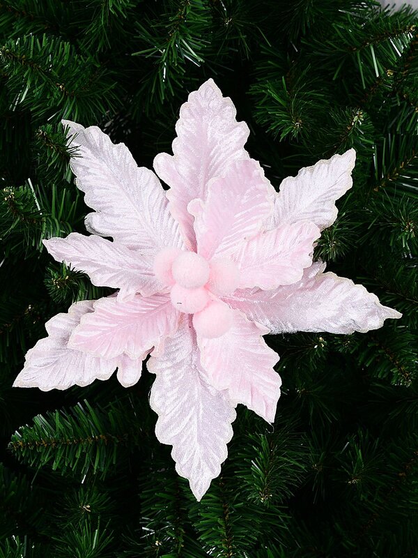 Light Pink Textured & Pink Pom Pom Poinsettia Christmas Tree Clip Pick | 28cm — image 2