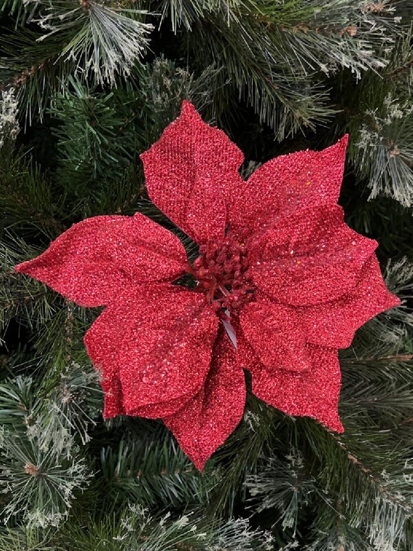 Red Glitter Poinsettia Christmas Tree Clip Pick With Sequins | 28cm — image 2