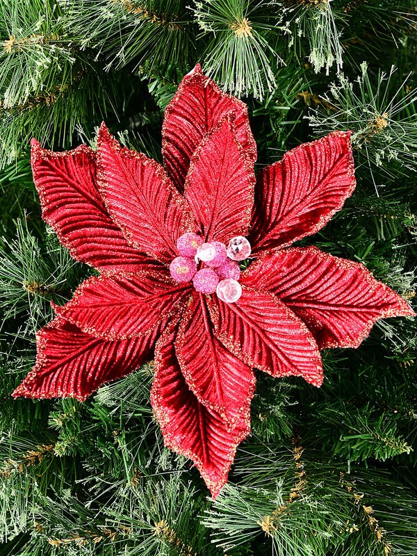 Red Velour Poinsettia With Glitter Christmas Tree Clip Pick | 28cm — image 2