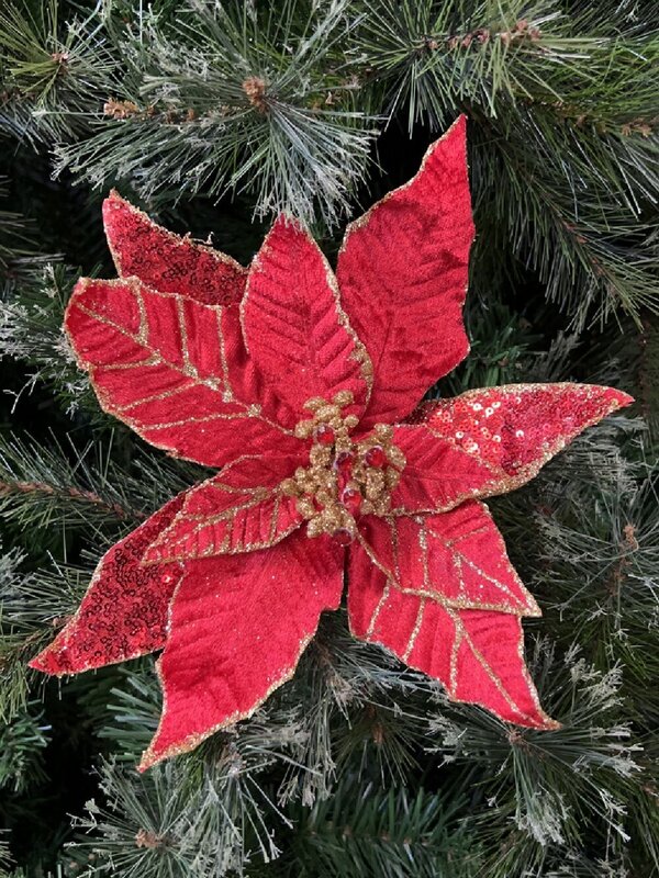 Three Style Red & Gold Glitter Poinsettia Christmas Tree Clip Pick | 28cm — image 2