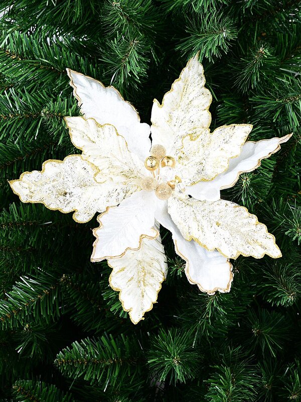 White Velvet & Splatter Gold Poinsettia Christmas Tree Clip Pick | 28cm — image 2