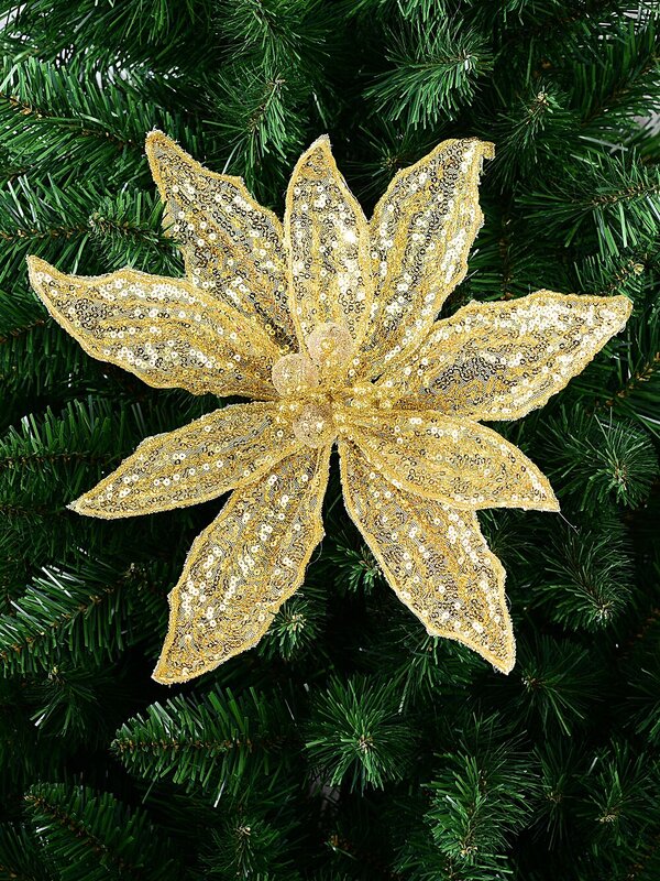 Gold Sequins On Mesh Poinsettia Christmas Tree Clip Pick | 30cm — image 2