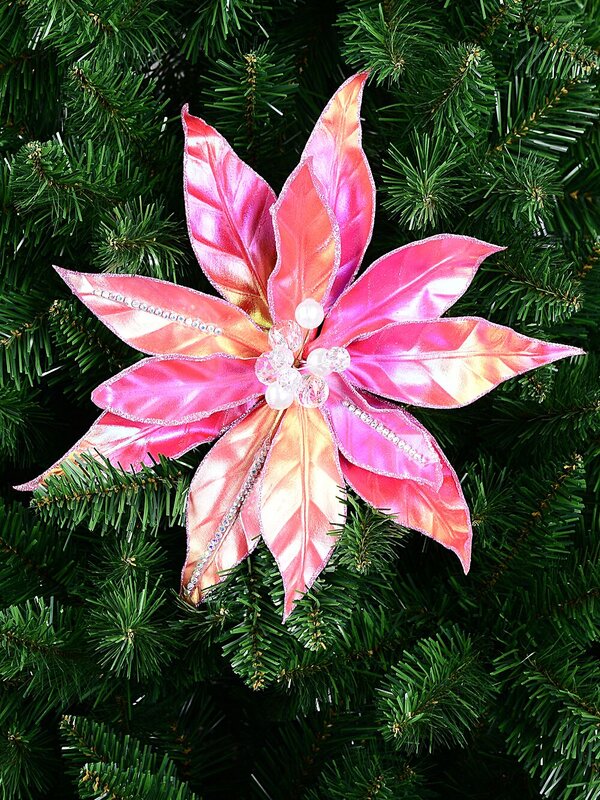 Hot Pink Iridescent With Diamantes Poinsettia Christmas Tree Clip Pick | 32cm — image 2