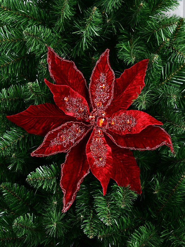 Maroon Poinsettia With Beads & Diamantes Christmas Tree Clip Pick | 32cm — image 2