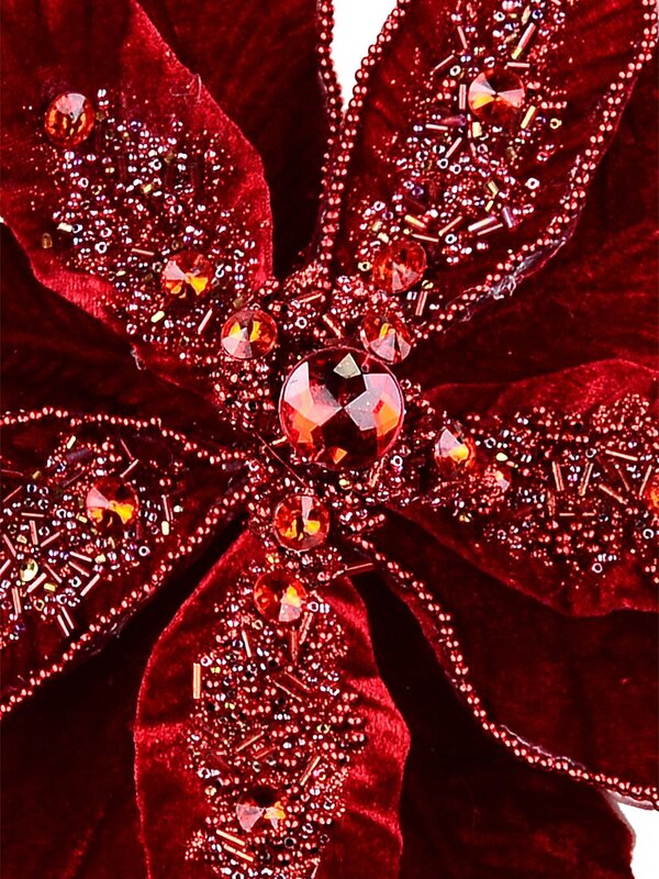 Maroon Poinsettia With Beads & Diamantes Christmas Tree Clip Pick | 32cm — image 3