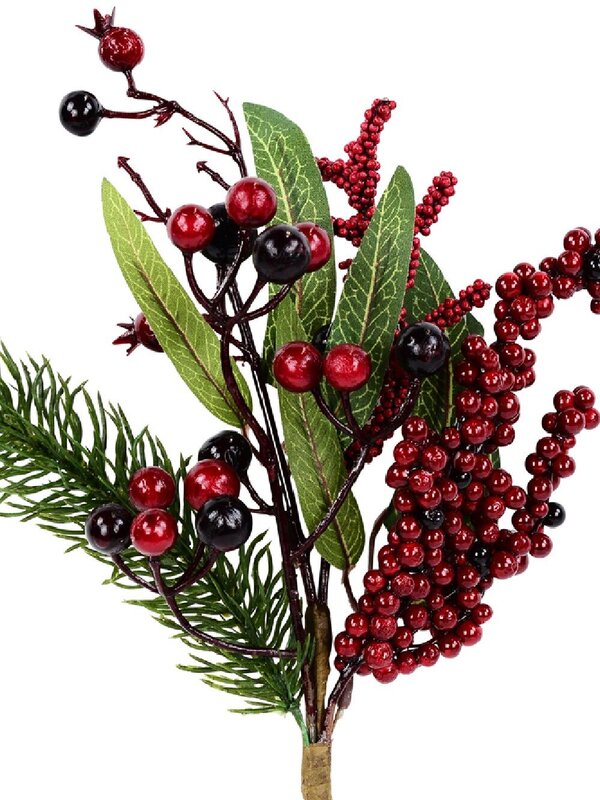 Pine Sprig Leaf & Red Berry Natural Look Christmas Stem Pick | 32cm — image 3