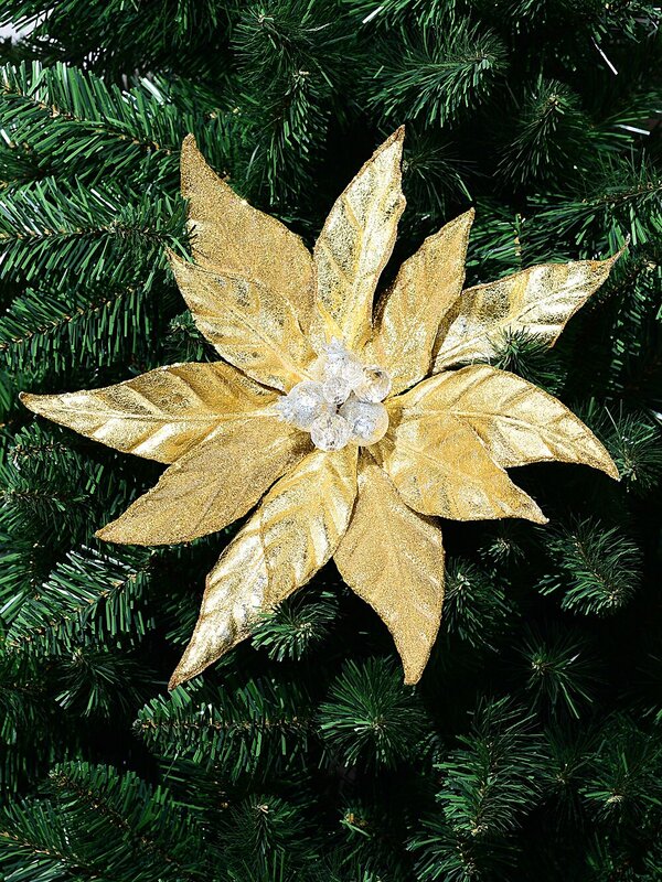Shiny Gold With Glitter & Frost Poinsettia Christmas Tree Clip Pick | 32cm — image 2