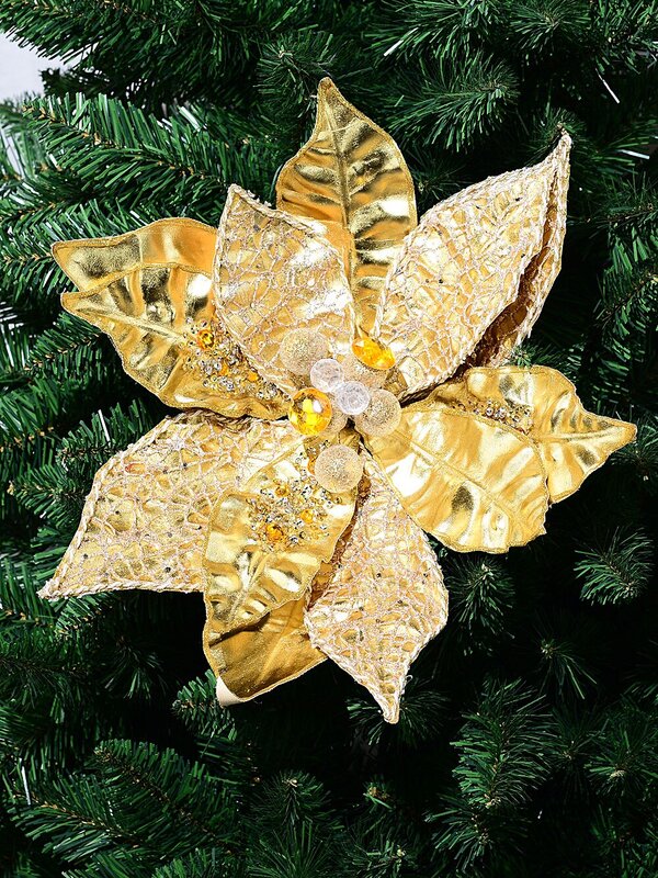 Large Gold Gloss & Glitter Web Vein Poinsettia Christmas Tree Clip Pick | 36cm — image 2