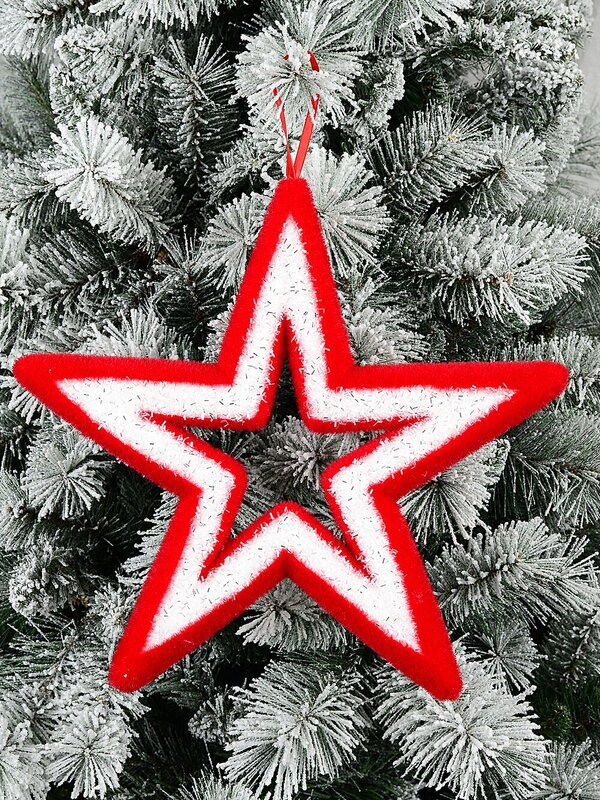 Red & White Flocked Christmas Hollow Star Tinsel Plaque Ornament | 37cm — image 2