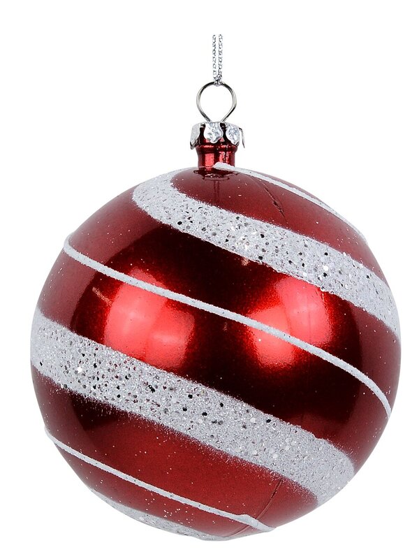 4 x 80mm Candy Apple Red Baubles With Silver Glitter White Swirl Pattern — image 3