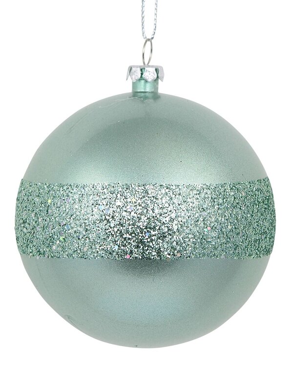 4 x 80mm Mint Pearl Green Christmas Baubles With Laser Glitter Band
